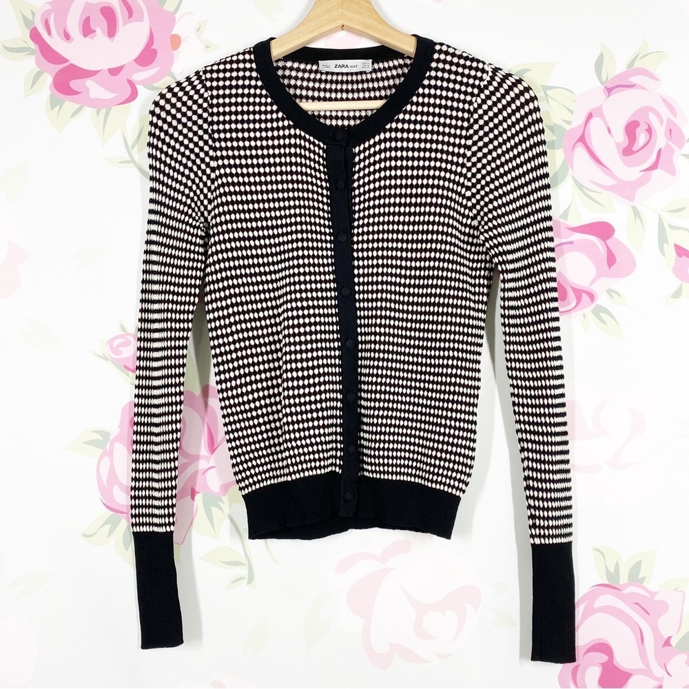 ZARA Knit Black White Print Textured Long Sleeves Button Down Cardigan M